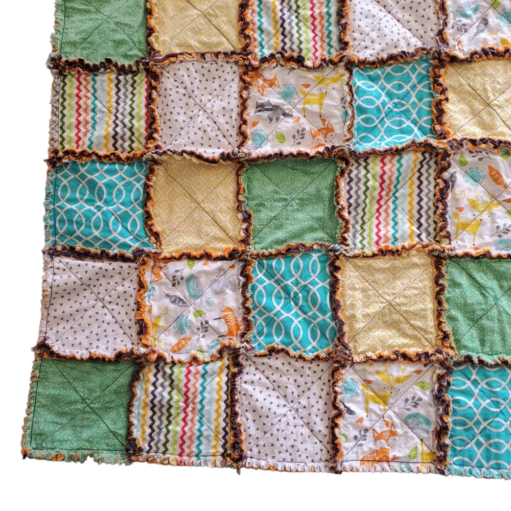 NEW Homemade Baby Boy Rag Quilt Forest Friends/Multi Color - Picture 3 of 12
